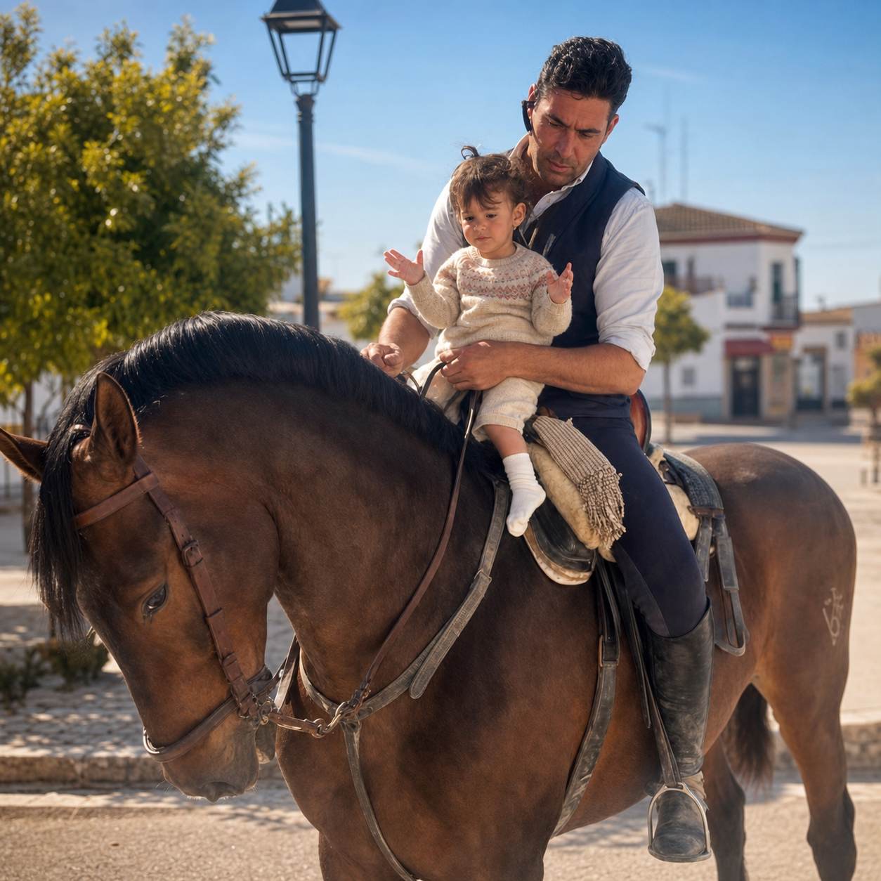 Juan Alonso Macías Hernández a caballo junto a una niña